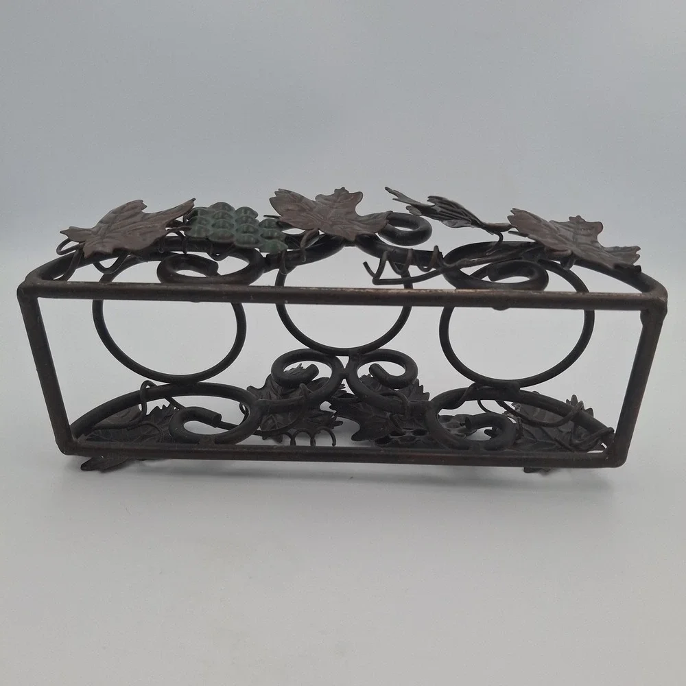 Rectangular Three Votive Candle Holder Metal Vines Grapes Leaves Motif 8‎ Inches